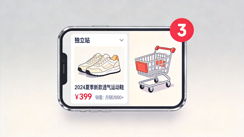 独立站爆款打造秘籍文章配图 - 手机屏幕上展示着独立站商品详情页与购物车图标