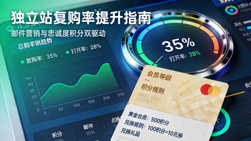 独立站复购率提升指南文章主视觉图 - 邮件营销仪表盘、客户忠诚度积分卡与会员等级徽章的特写组合