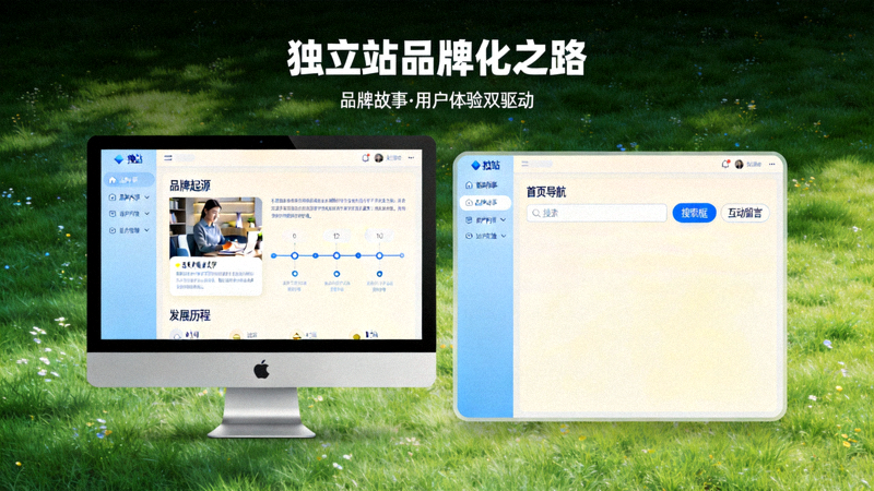 独立站品牌化之路主题文章主视觉图 - 展示品牌故事内容、用户友好界面设计与高转化购物流程的融合场景