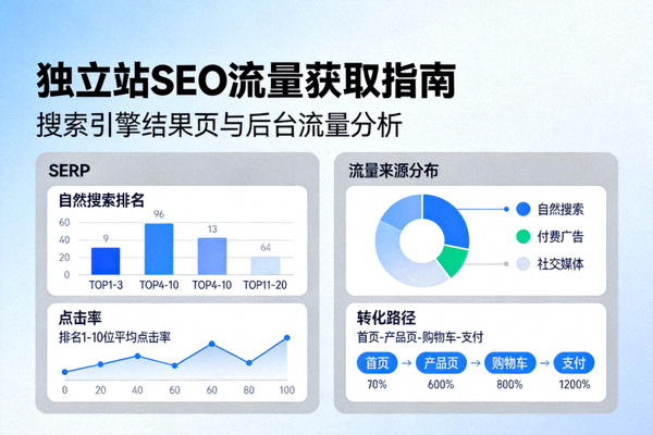 独立站SEO流量获取指南文章配图 - 搜索引擎结果页面与网站后台流量分析图表