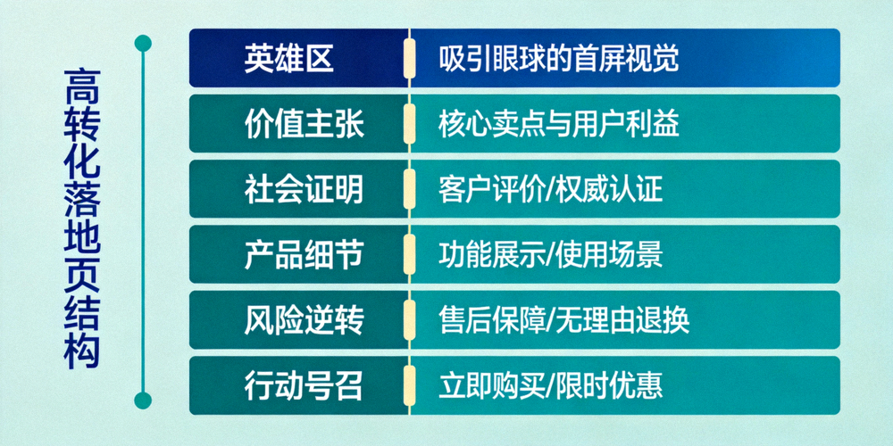 高转化落地页结构示意图 - 从上到下依次展示吸引眼球的英雄区、清晰的价值主张、社会证明、产品细节、风险逆转和行动号召等模块