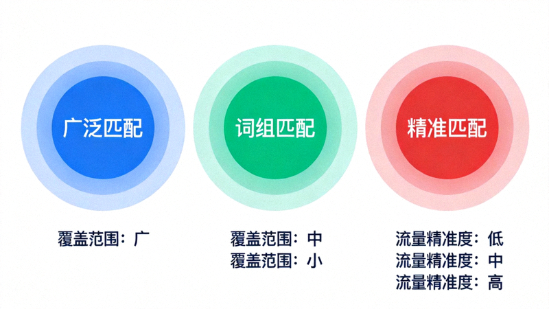 关键词匹配类型策略图 - 通过三个同心圆直观展示广泛匹配、词组匹配和精准匹配的覆盖范围与流量精准度对比