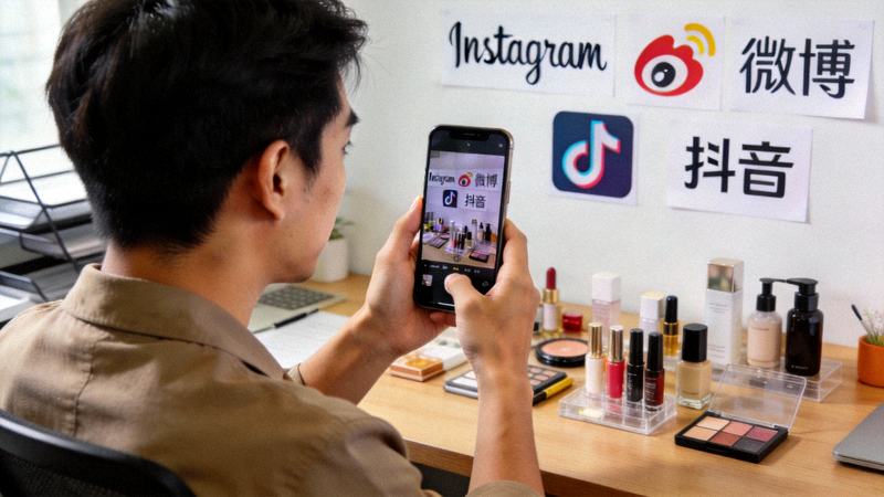 红人营销实战手册文章主视觉图 - 海外网红正在用专业设备拍摄产品评测视频，背景有TikTok、Instagram、YouTube等社交媒体标志环绕