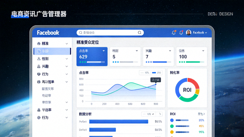 跨境电商Facebook广告精准投放文章主视觉图 - Facebook广告管理器界面展示详细的受众定位选项与数据分析图表