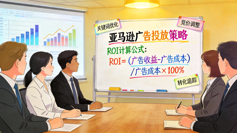 跨境电商智库亚马逊广告优化资讯配图 - 会议室白板上画着广告投放策略与ROI计算公式