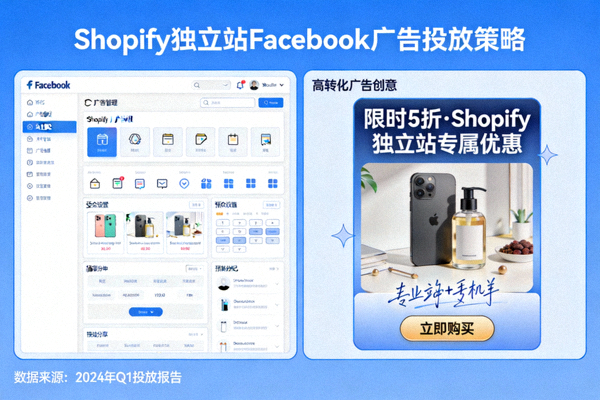 Shopify独立站Facebook广告投放策略文章配图 - Facebook广告管理界面与高转化广告创意示例