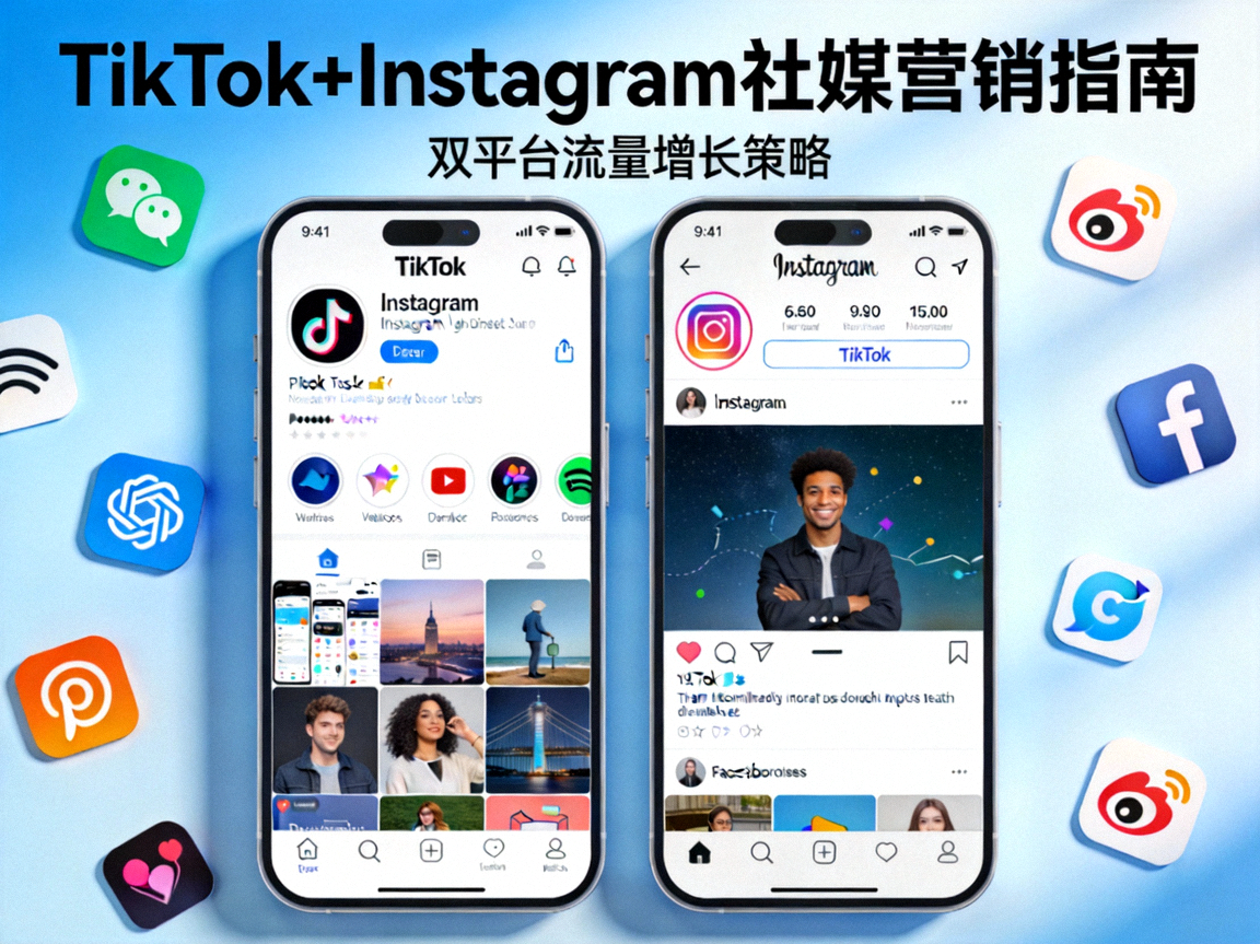 TikTok+Instagram社媒营销文章主视觉图 - 两部手机分别显示TikTok和Instagram应用界面，背景有社交媒体图标和向上增长的流量曲线