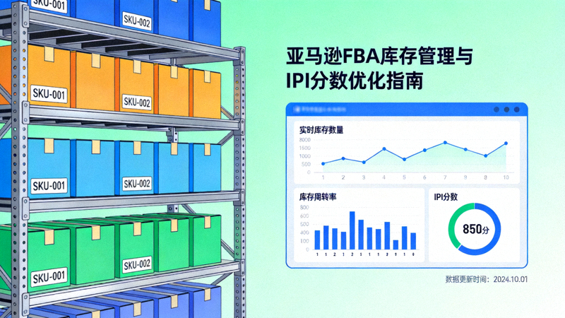 亚马逊FBA库存管理与IPI分数优化指南配图 - 仓库货架与库存数据仪表盘界面