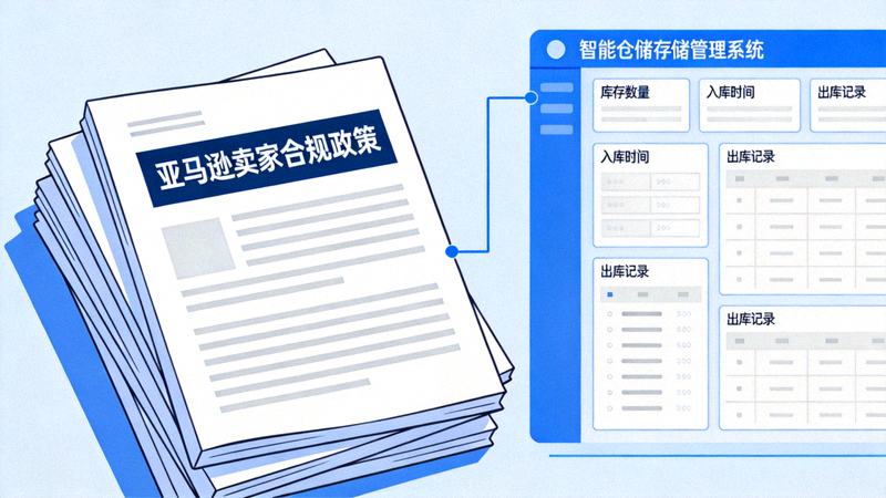 亚马逊卖家必读文章主视觉图 - 合规政策文件与智能仓储库存管理系统的界面示意图