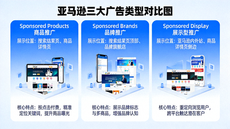亚马逊三大广告类型对比图 - 展示Sponsored Products商品推广、Sponsored Brands品牌推广和Sponsored Display展示型推广的展示位置与核心特点
