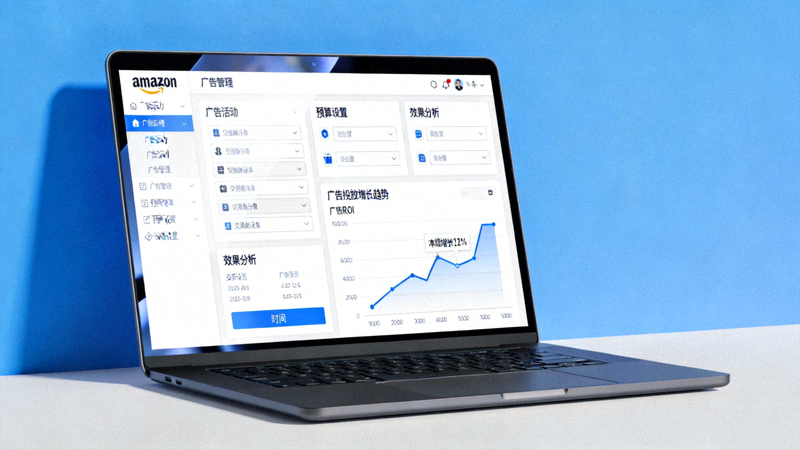 亚马逊广告优化全攻略文章主视觉配图 - 笔记本电脑屏幕上显示着亚马逊广告管理界面与不断上升的增长曲线图表，旁边有放大镜聚焦于关键词和预算数据
