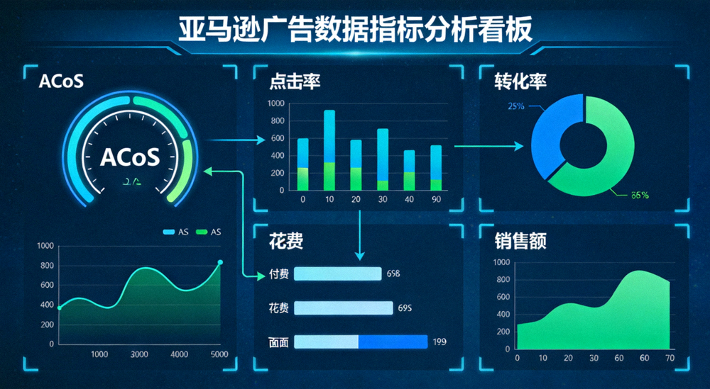 亚马逊广告数据指标分析看板示意图 - 展示ACoS、点击率、转化率、花费、销售额等关键指标在仪表盘上的联动关系