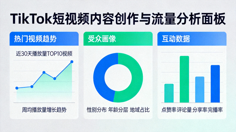TikTok短视频内容创作与流量分析面板 - 展示热门视频趋势、受众画像与互动数据