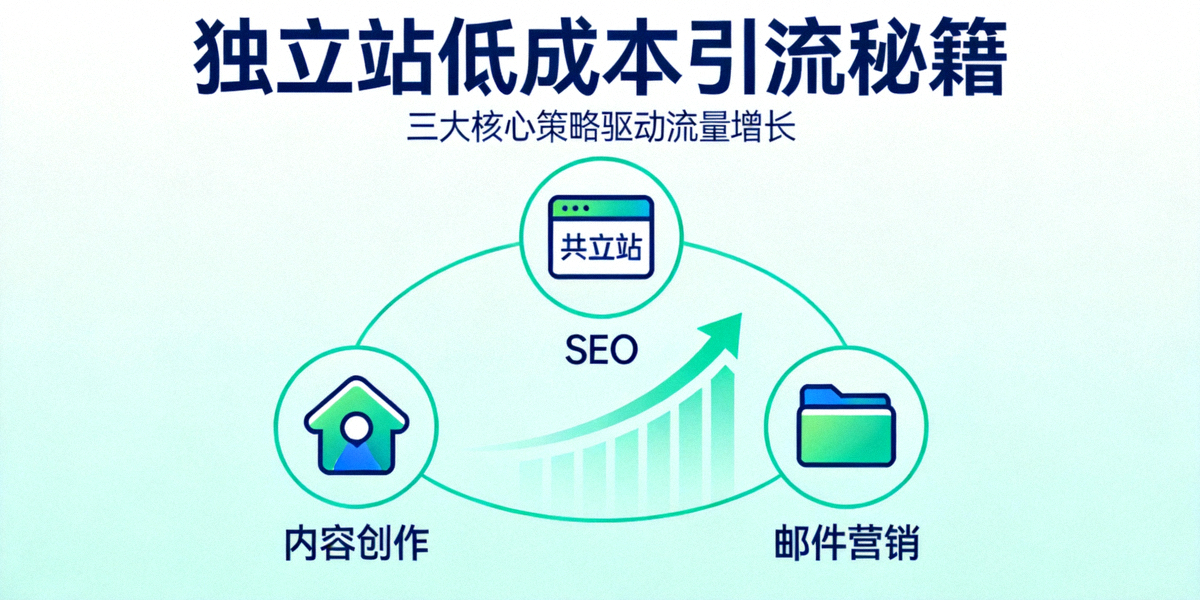 独立站低成本引流秘籍文章主视觉图 - 展示SEO、内容创作与邮件营销三大板块环绕独立站，并有上升的流量箭头