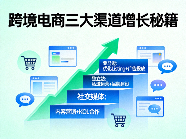 跨境电商三大渠道增长秘籍图解 - 亚马逊、独立站、社交媒体图标围绕着一个向上增长的阶梯，阶梯上标注着关键增长策略