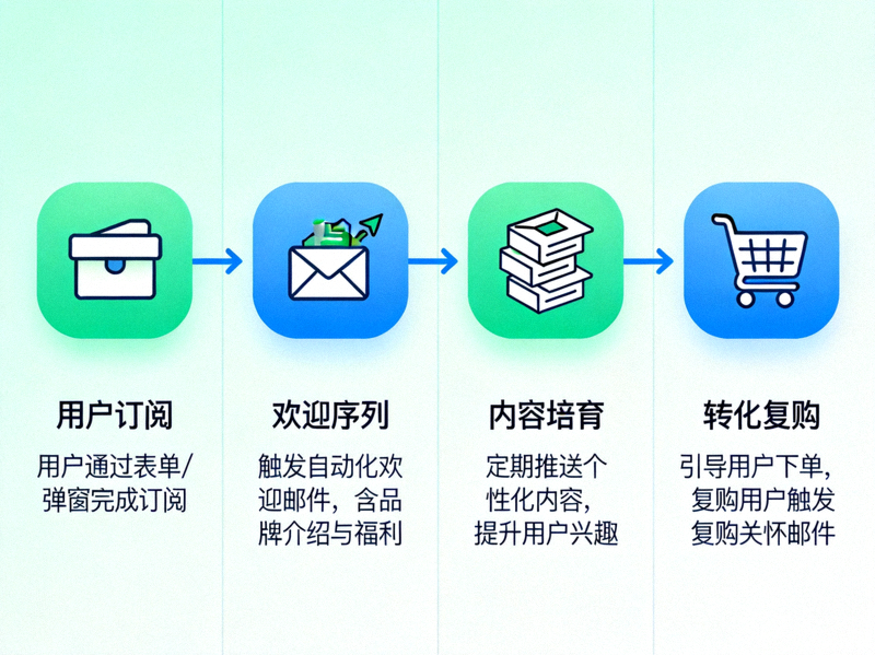 邮件营销自动化流程图 - 展示从用户订阅、欢迎序列、内容培育到转化复购的完整流程