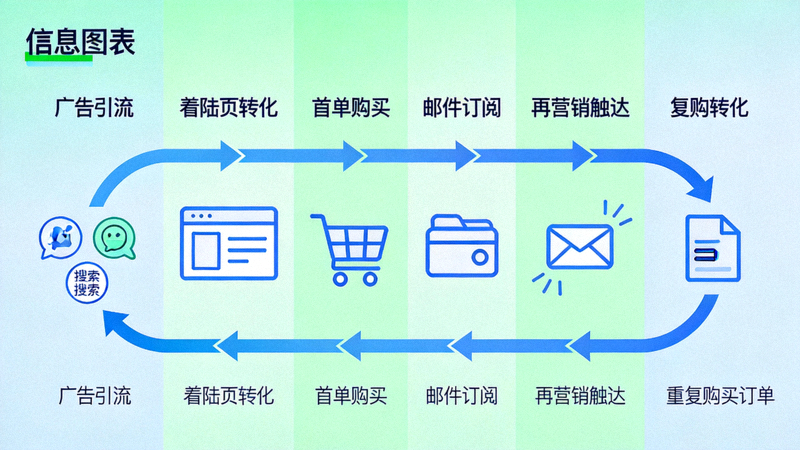 独立站流量闭环与复购体系配图 - 展示从广告引流到邮件营销再营销的循环转化漏斗图