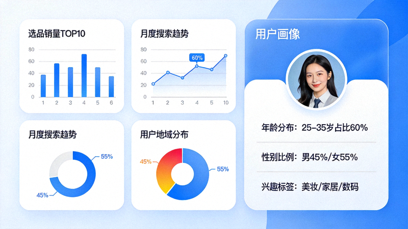 独立站数据驱动选品与用户画像构建配图 - 数据分析仪表盘与用户画像卡片可视化展示