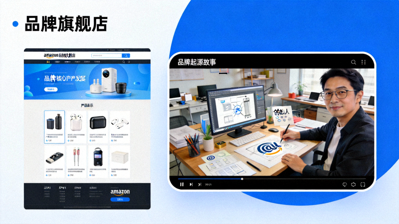 亚马逊品牌旗舰店与品牌故事建设配图 - 品牌旗舰店页面与讲述品牌起源的视频画面相结合