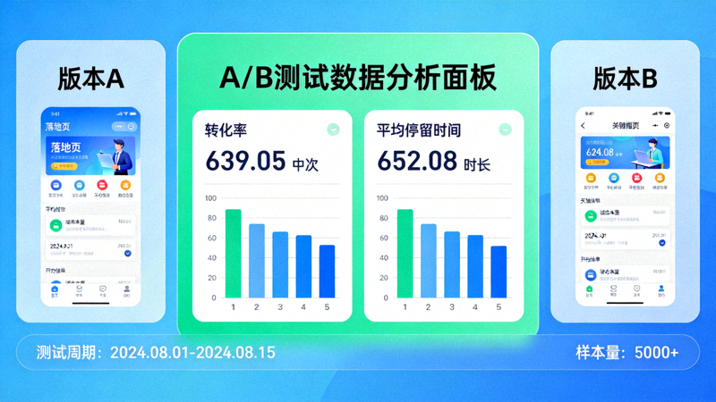 A/B测试与数据分析面板示意图 - 对比两个不同版本落地页的转化率、平均停留时间等关键指标