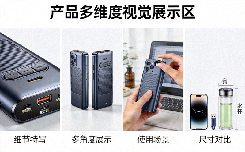 产品多维度视觉展示区示例 - 包含产品细节特写、多角度展示、使用场景图和尺寸对比图