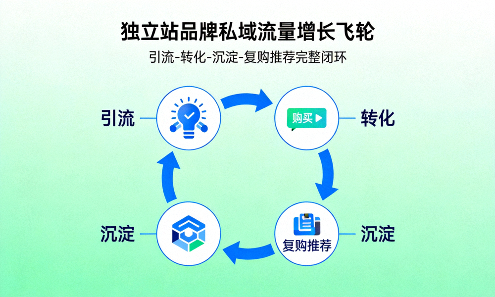 独立站品牌私域流量增长飞轮示意图 - 展示从引流、转化、沉淀到复购推荐的完整闭环循环
