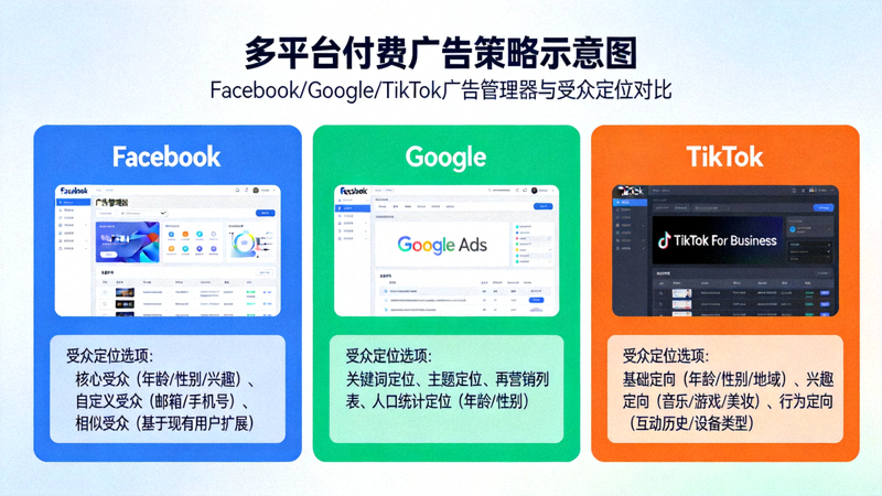 多平台付费广告策略示意图 - Facebook、Google、TikTok广告管理器界面与受众定位选项对比