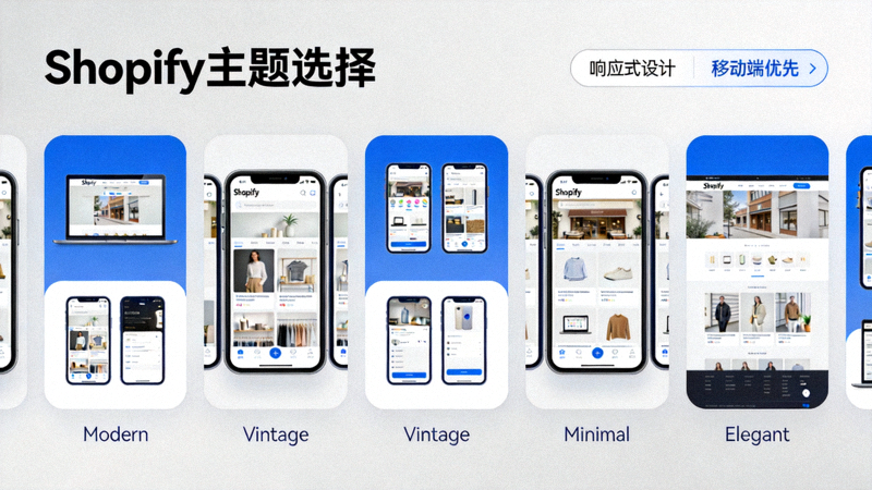 Shopify主题选择界面截图 - 展示多款响应式主题的预览效果，突出移动端友好设计