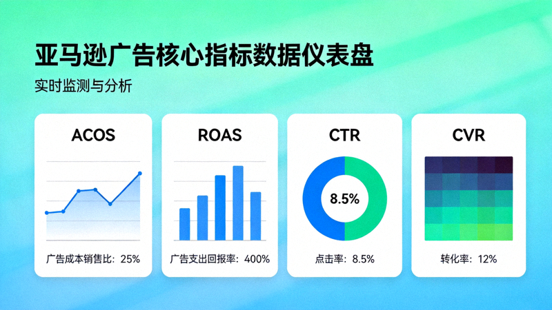 亚马逊广告核心指标数据仪表盘示例图 - 展示ACOS、ROAS、CTR、CVR等关键数据的可视化图表