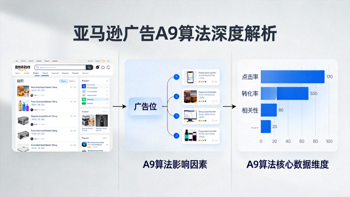 亚马逊广告A9算法深度解析文章封面图 - 展示亚马逊搜索页面、广告排名示意图及数据图表