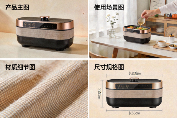 优秀商品图片示例 - 包含主图、场景图、细节图、尺寸图的多角度展示