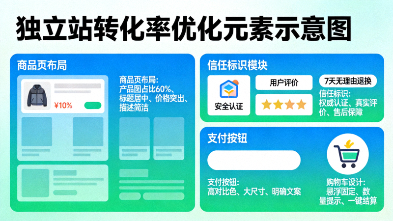 独立站转化率优化元素示意图 - 展示商品页布局、信任标识、支付按钮和购物车设计
