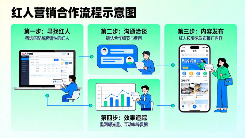 红人营销合作流程示意图 - 展示从寻找红人、沟通洽谈到内容发布和效果追踪的步骤