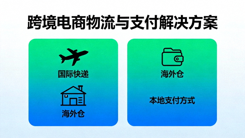 跨境电商物流与支付解决方案图 - 展示国际快递、海外仓、本地支付方式图标