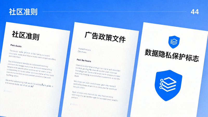 社交媒体合规运营指南配图 - 展示社区准则、广告政策文件和数据隐私保护标志