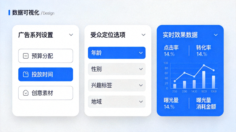 社交媒体广告投放优化面板 - 展示广告系列设置、受众定位选项和实时效果数据仪表盘