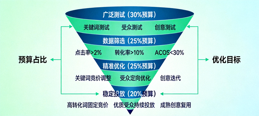 亚马逊广告优化漏斗图 - 从广泛测试到精准投放的预算分配流程