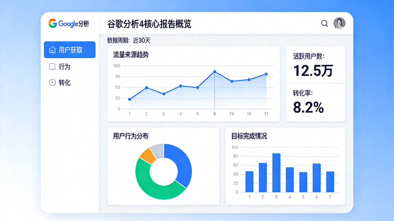 谷歌数据分析解读文章配图 - 谷歌分析4界面中用户获取、行为和转化报告的可视化图表