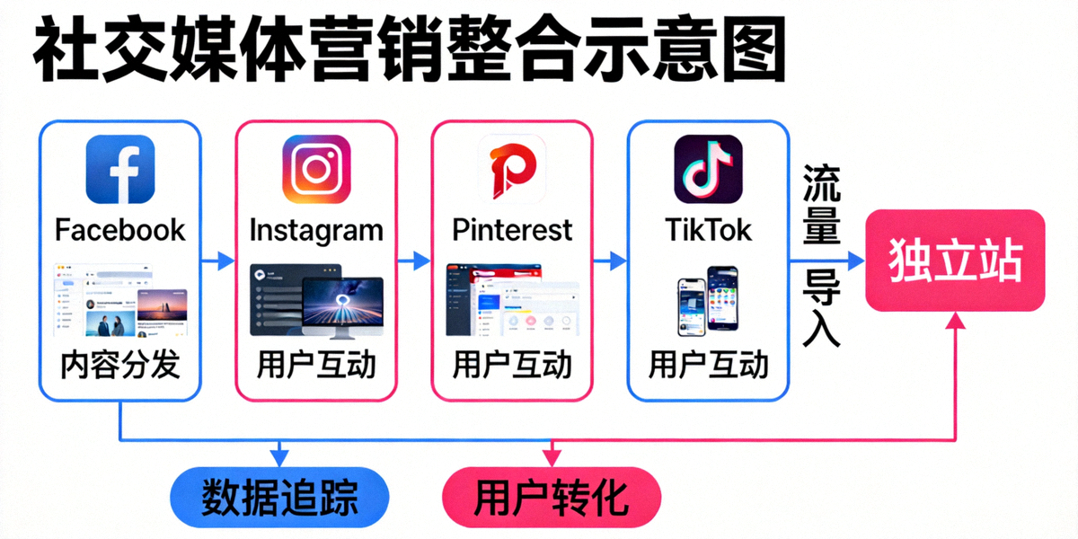 社交媒体营销整合示意图 - 展示Facebook, Instagram, Pinterest, TikTok等平台如何协同为独立站引流