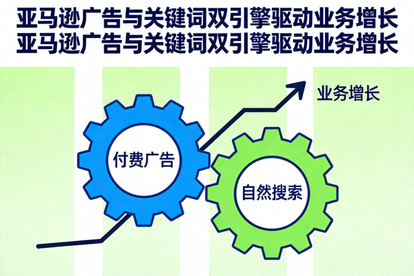 亚马逊广告与关键词双引擎驱动业务增长概念图 - 两个齿轮分别代表付费广告和自然搜索，相互咬合驱动增长曲线上升