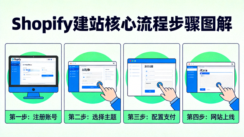 Shopify建站核心流程步骤图解 - 展示从注册、选主题、配置支付到上线的流程图