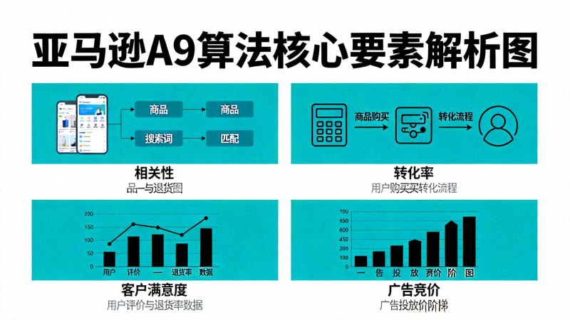 亚马逊A9算法核心要素解析图 - 展示相关性、转化率、客户满意度与广告竞价四大权重因子