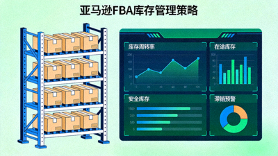 亚马逊FBA库存管理策略文章配图 - 智能仓储货架与库存数据仪表盘可视化图表