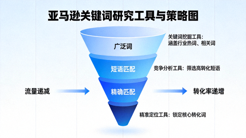 亚马逊关键词研究工具与策略图 - 展示从广泛词、短语匹配到精确匹配的漏斗模型