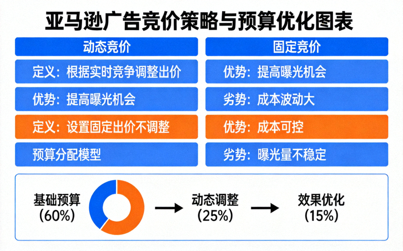 亚马逊广告竞价策略与预算优化图表 - 展示动态竞价与固定竞价的对比及预算分配模型