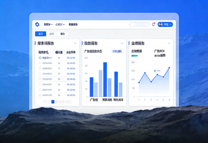 亚马逊广告关键数据报告分析界面截图 - 突出展示搜索词报告、投放报告和业绩报告