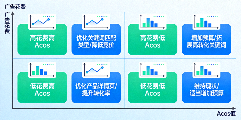 亚马逊Acos分析决策框架图 - 展示高花费高Acos、高花费低Acos、低花费高Acos、低花费低Acos四种情况的优化策略流程图