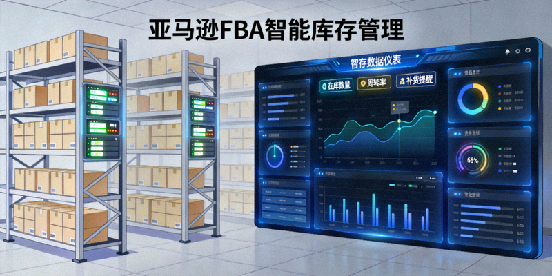 亚马逊FBA库存管理策略文章配图 - 显示智能仓储货架与库存数据仪表盘